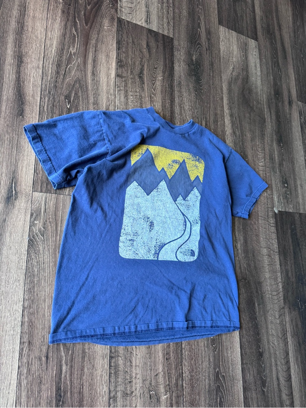 The North Face Blue Graphic Mountain Tee with Yellow Accent